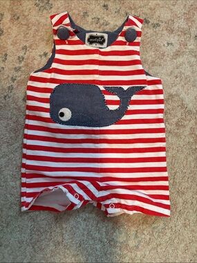 Mud Pie Red & White Striped Romper with Navy Whale